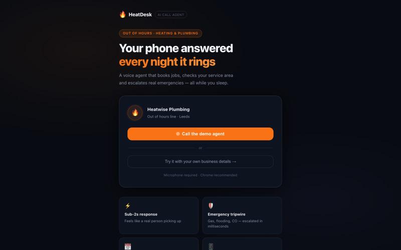 HeatDesk — Out of Hours Call Agent — screenshot