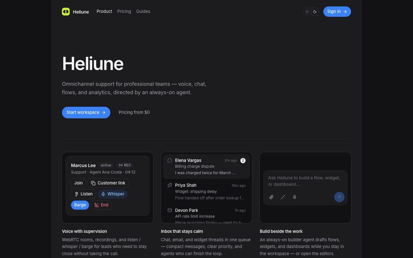 Heliune — AI omnichannel support that builds itself — screenshot