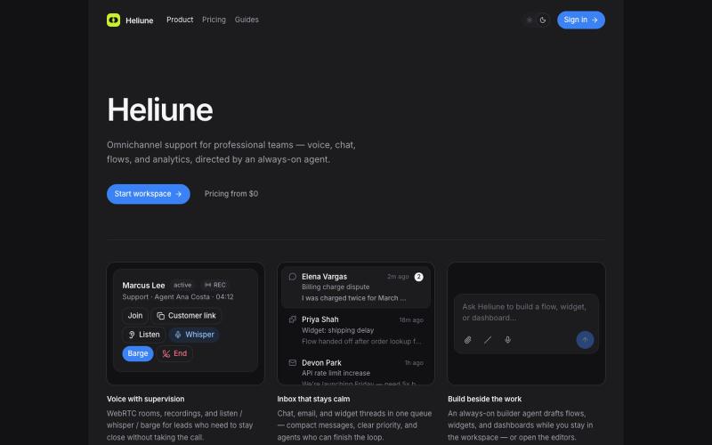 Heliune — AI omnichannel support that builds itself — screenshot