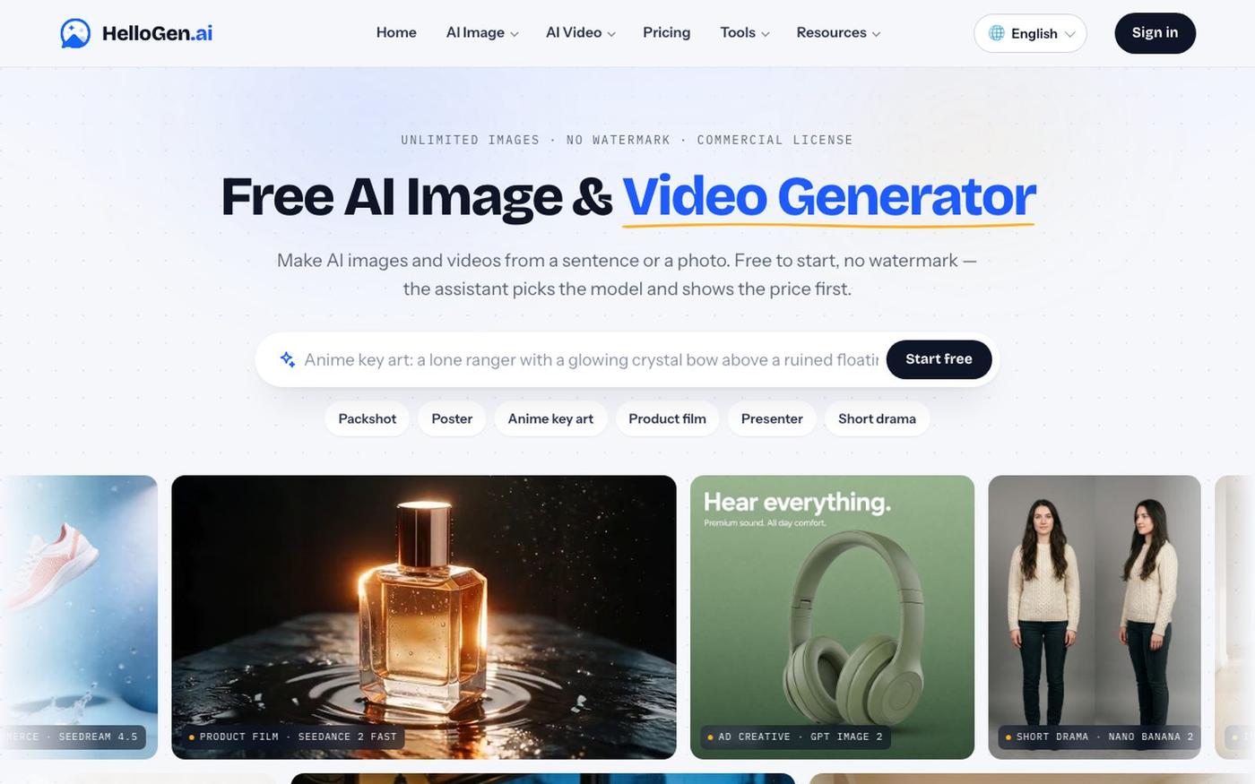 Free AI Image & Video Generator — No Watermark | HelloGen — screenshot
