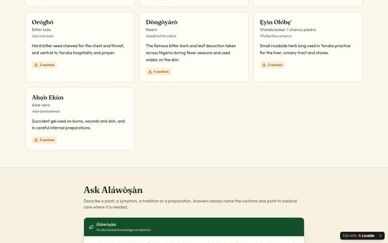 Aláwòṣàn — Yoruba Herbal Identification & Healing Guide — screenshot