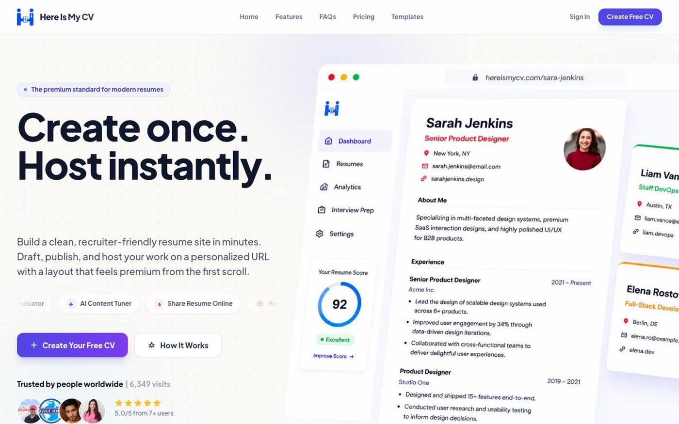 Free ATS-Friendly, AI Resume Builder | Download PDFs — Here Is My CV — screenshot