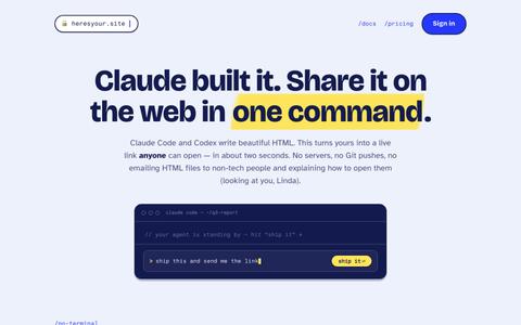 heresyour.site — turn an HTML file into a link in two seconds — screenshot