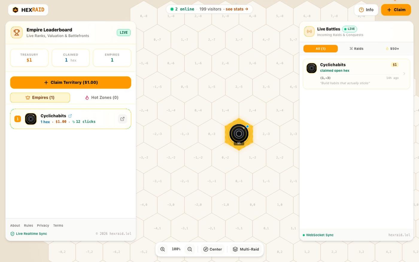 hexraid | Interactive Hex-Grid Territory Raid & Conquest (hexraid.lol) — screenshot