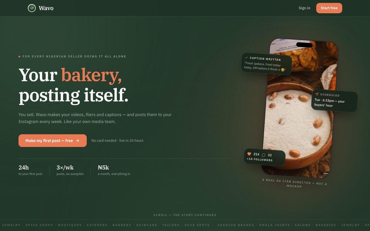 Wavo — your business, posting itself — screenshot