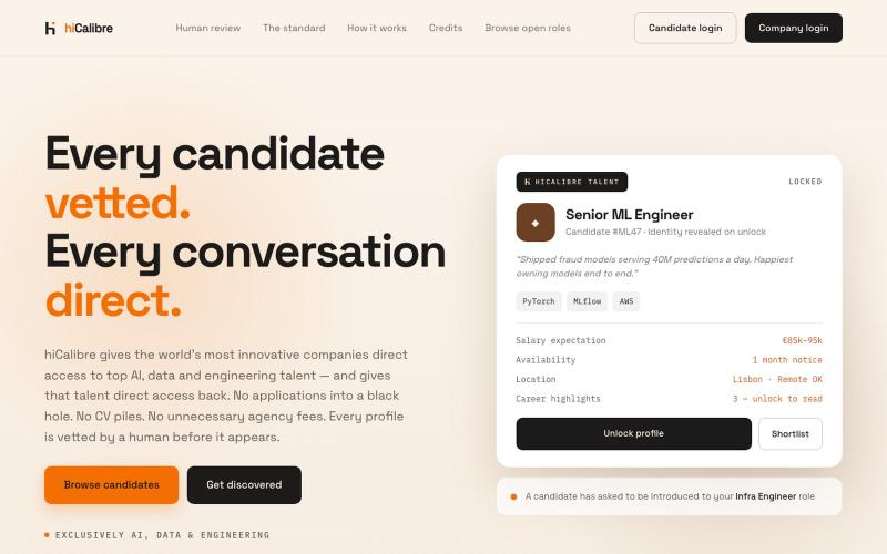 hiCalibre — Every candidate vetted. Every conversation direct. — screenshot
