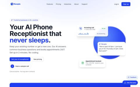 Recepta, AI Phone Receptionist for Small Business | 24/7 Call Answering — screenshot