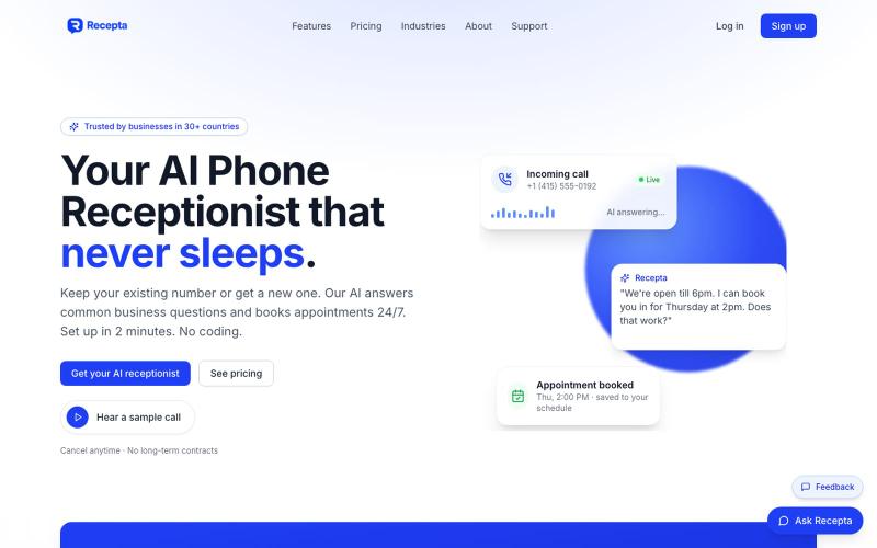Recepta, AI Phone Receptionist for Small Business | 24/7 Call Answering — screenshot