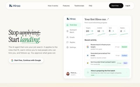 Hiroo: the AI agent that lands your next job. — screenshot