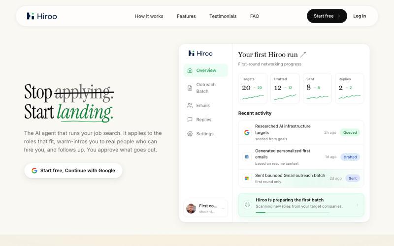 Hiroo: the AI agent that lands your next job. — screenshot