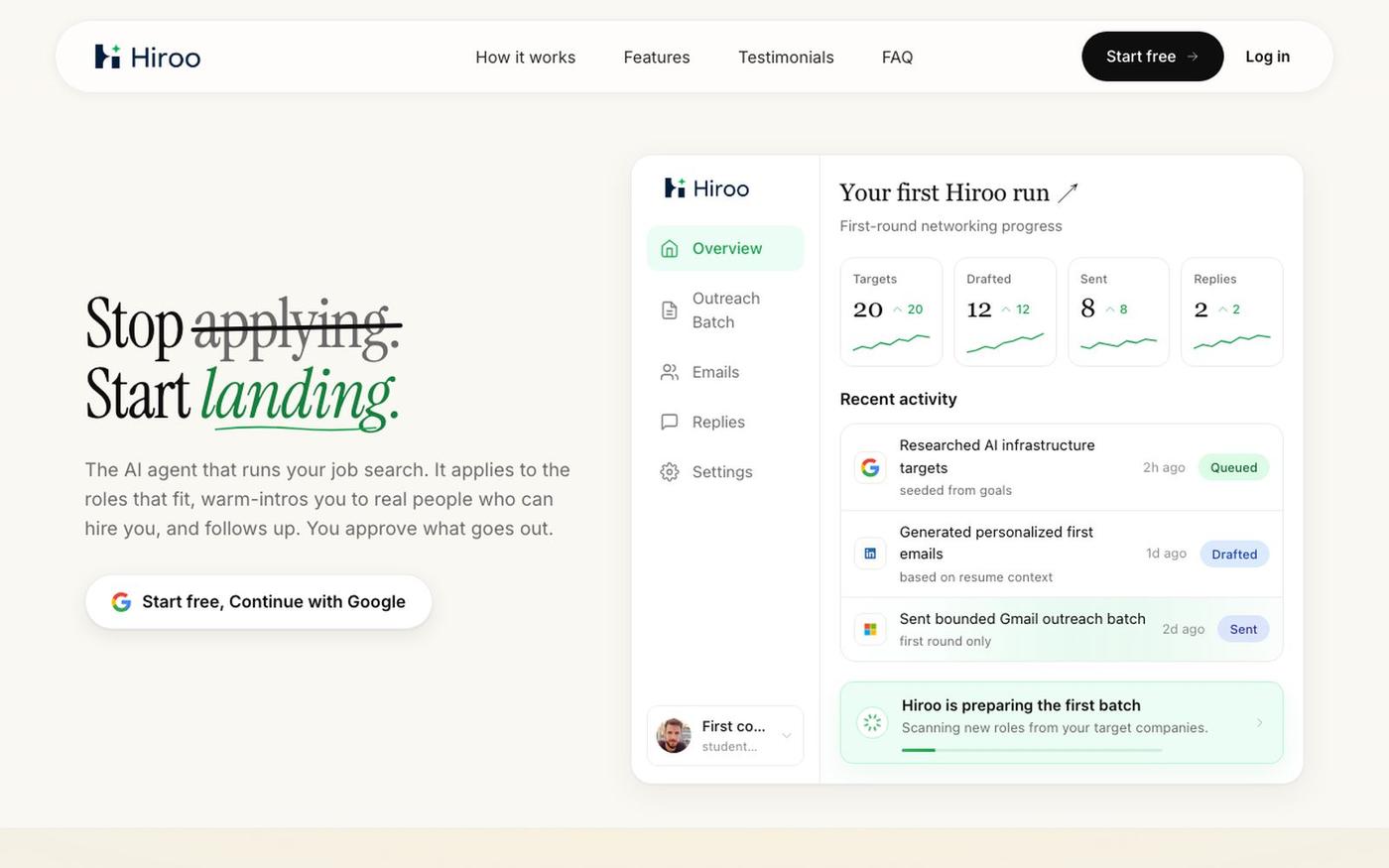 Hiroo: the AI agent that lands your next job. — screenshot