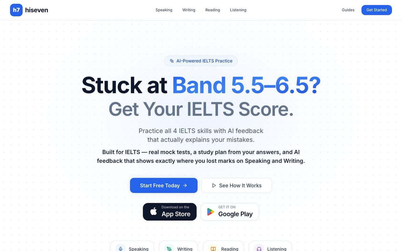 hiseven — IELTS prep with AI feedback & exam-style scoring — screenshot