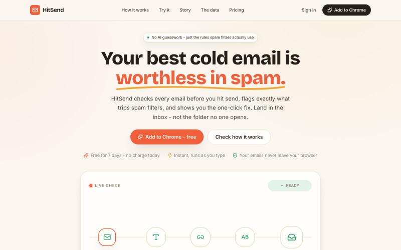 HitSend - land in the inbox, not the spam folder — screenshot