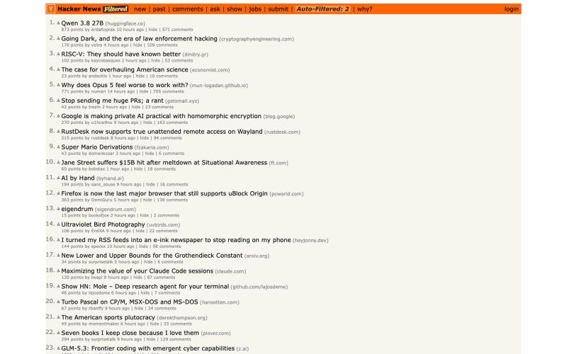 HNFiltered | A more useful Hacker News front page — screenshot