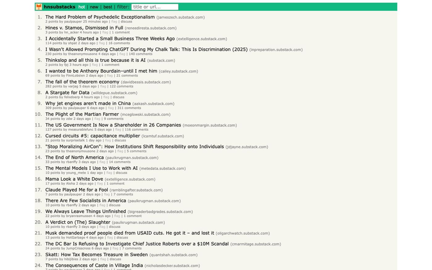 HN Substacks — screenshot