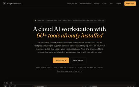 HolyCode Cloud — a cloud AI workstation with 60+ tools already installed — screenshot
