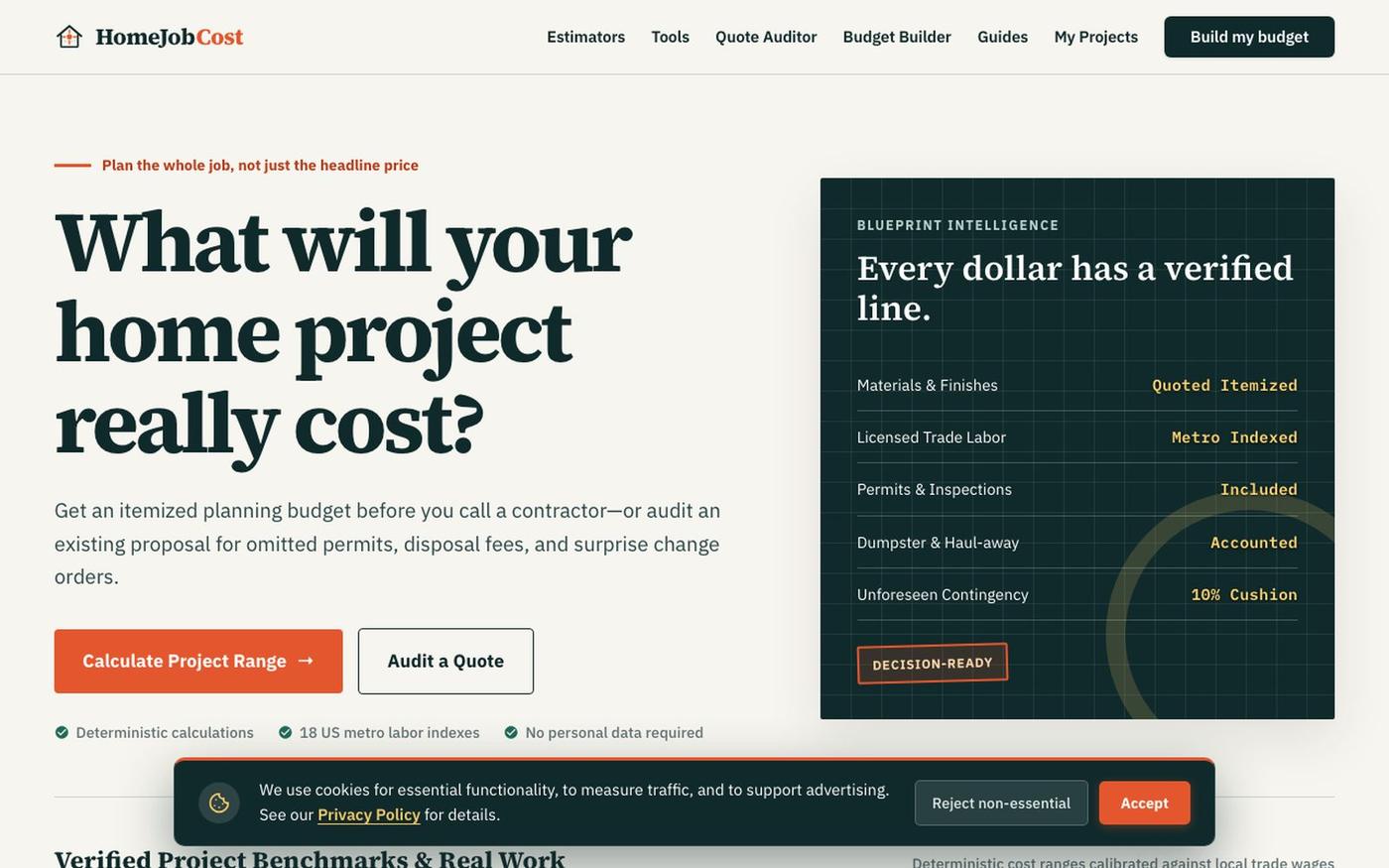 HomeJobCost | Home Project Cost Intelligence & Quote Analysis — screenshot