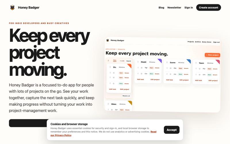 Honey Badger — A focused multi-project to-do app — screenshot