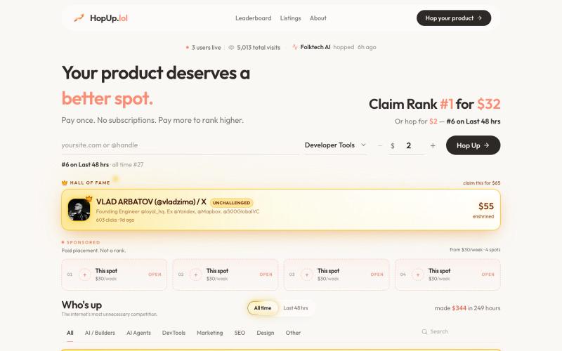 HopUp — Your Product Deserves a Better Spot — screenshot