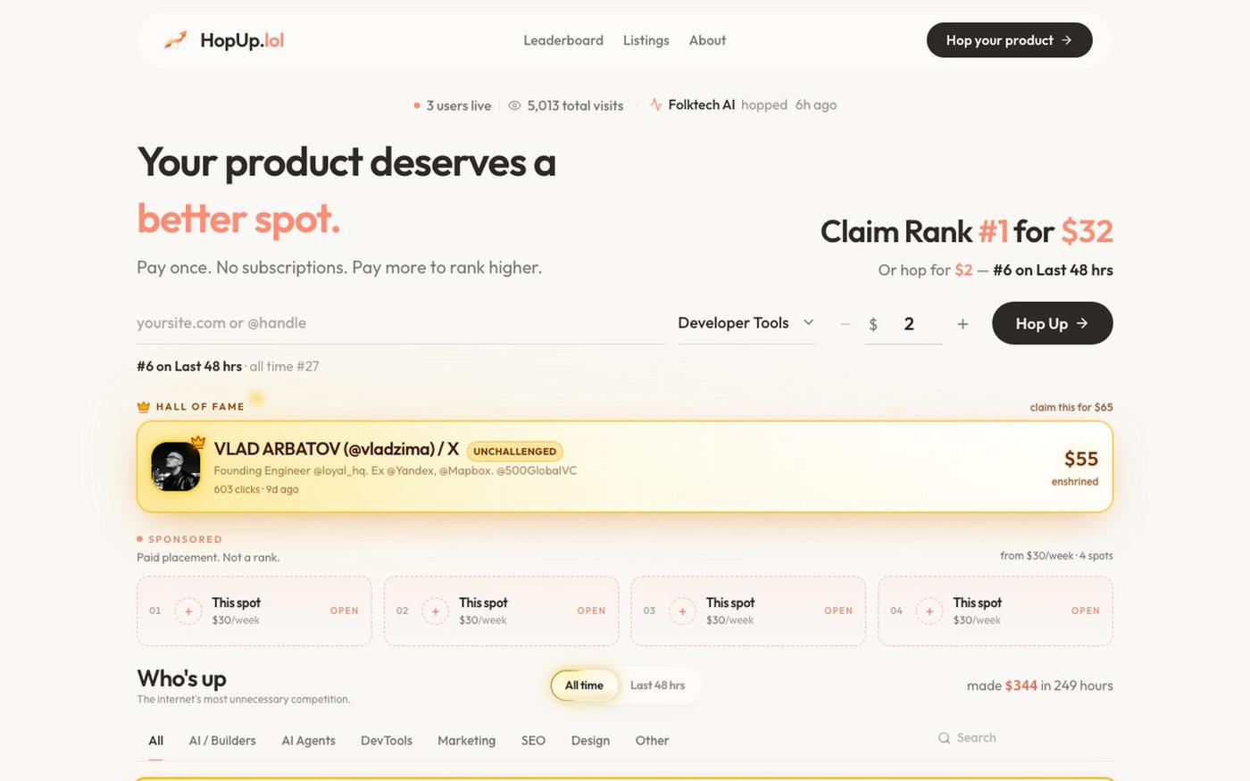 HopUp — Your Product Deserves a Better Spot — screenshot