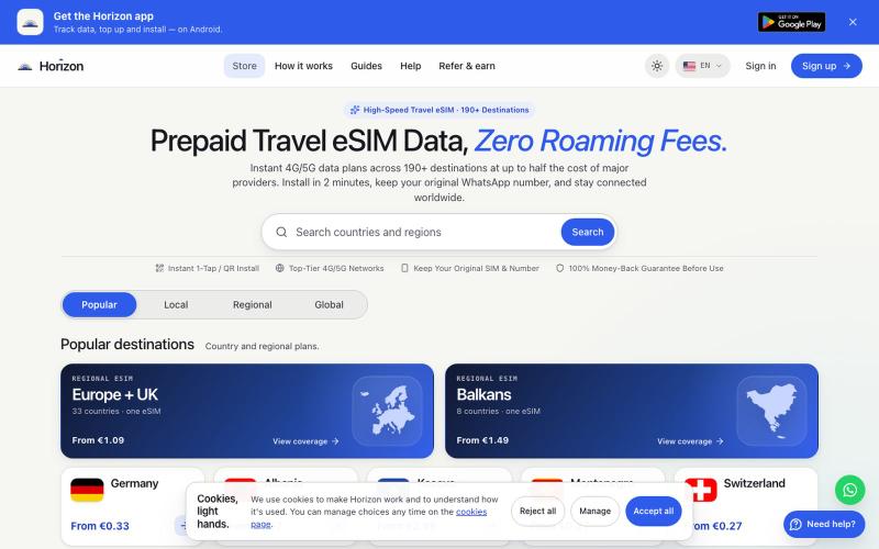 Travel eSIM Plans: Country, Regional & Global | Horizon — screenshot
