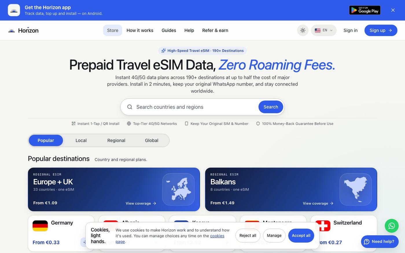 Travel eSIM Plans: Country, Regional & Global | Horizon — screenshot