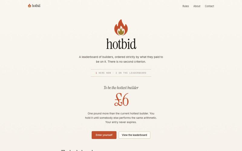 hotbid.lol — the builder leaderboard money buys — screenshot