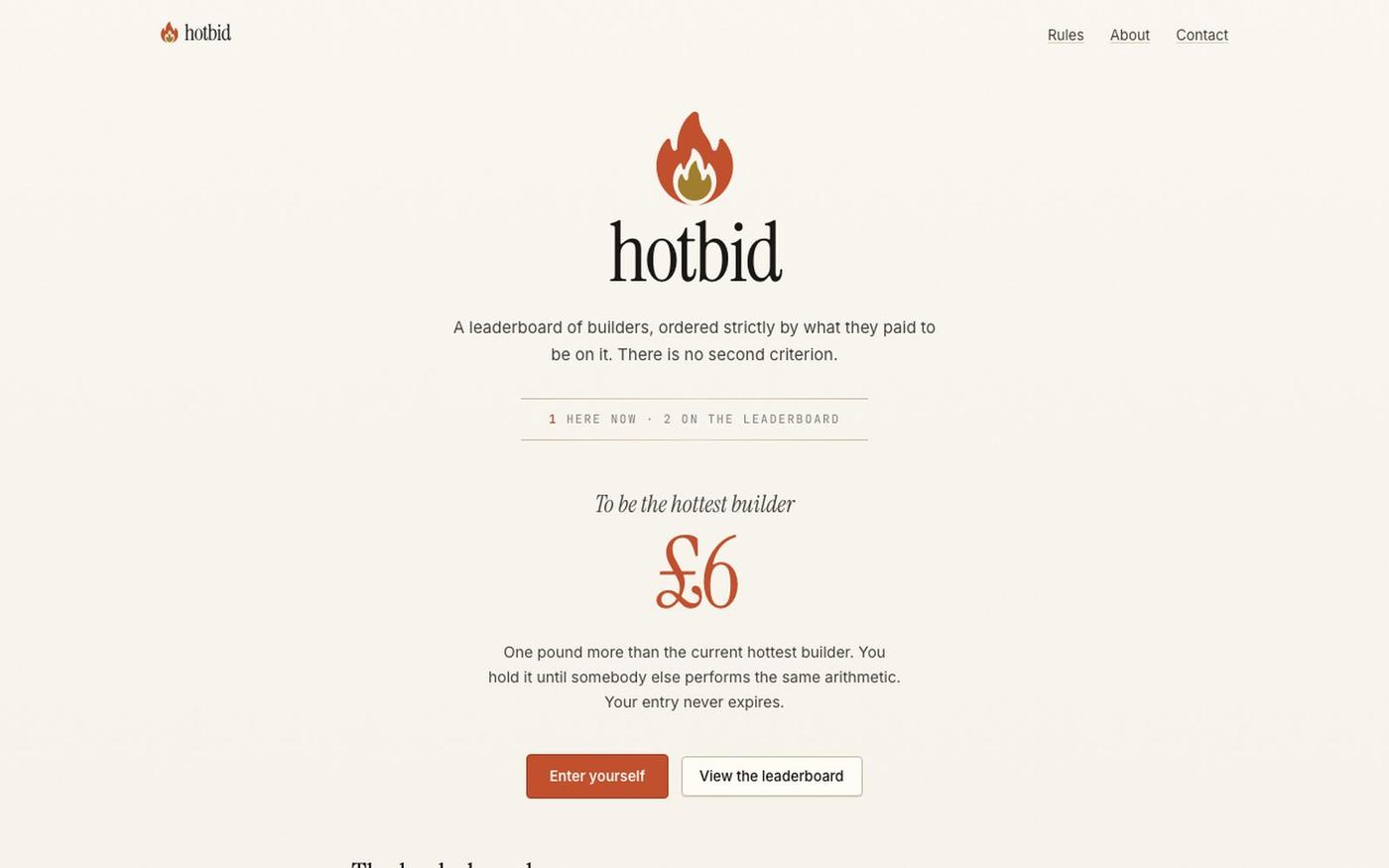 hotbid.lol — the builder leaderboard money buys — screenshot