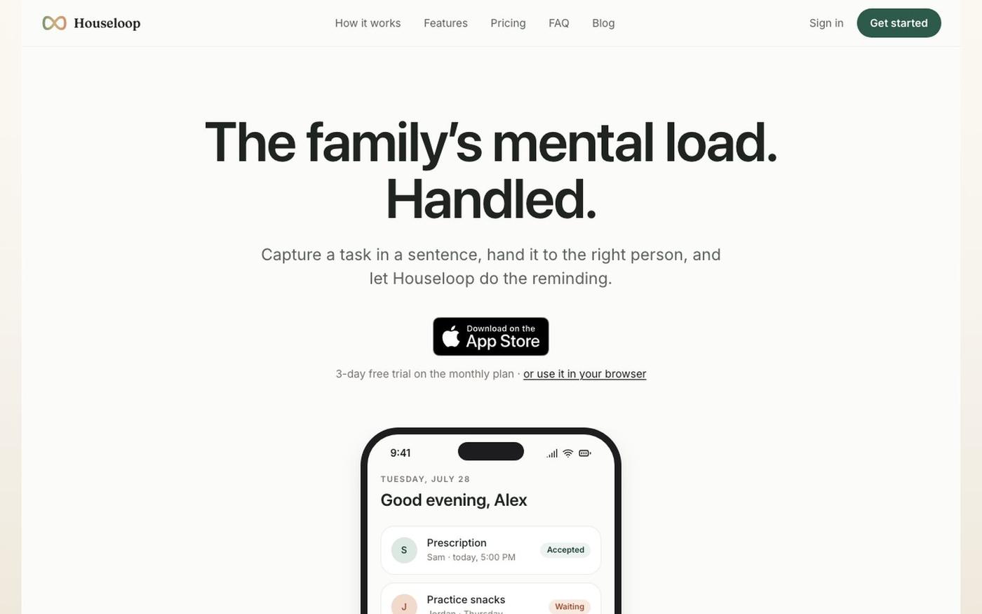 Houseloop · Hand it off. See it handled. — screenshot