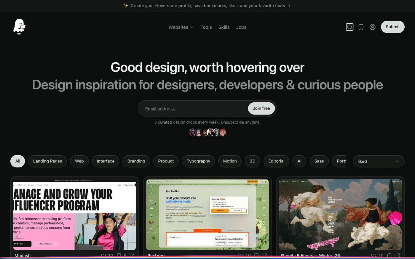 Hoverstate, Website Design Inspiration Gallery — screenshot