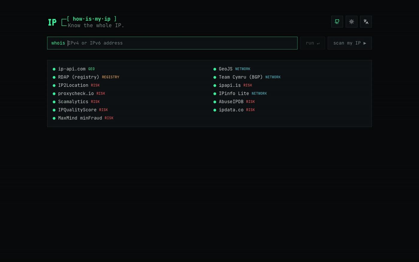 howismyip · multi-source IP intelligence — screenshot