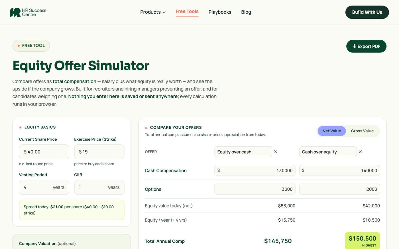 Equity Offer Simulator — HR Success Centre — screenshot