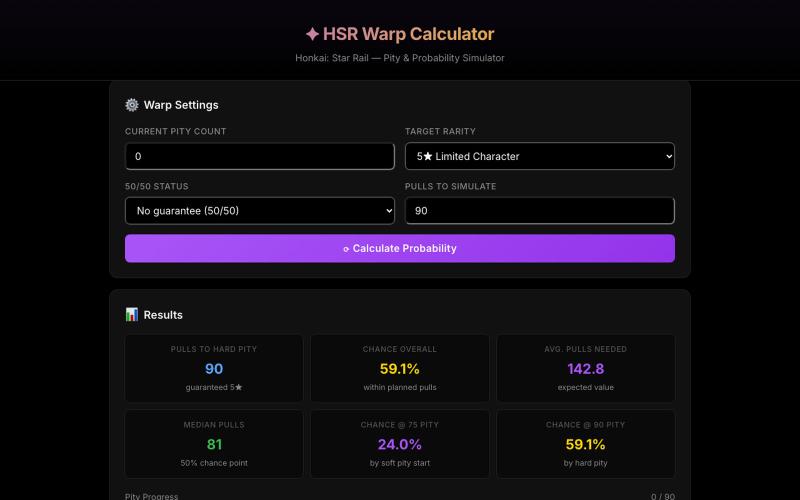 Honkai Star Rail Warp Calculator | HSR Pity & Probability Tool — screenshot