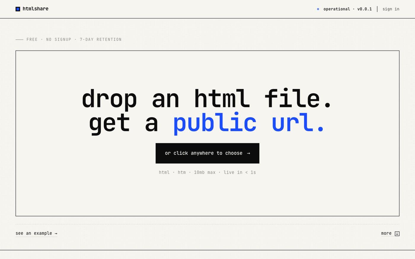 htmlshare — drop an html file. get a link. — screenshot