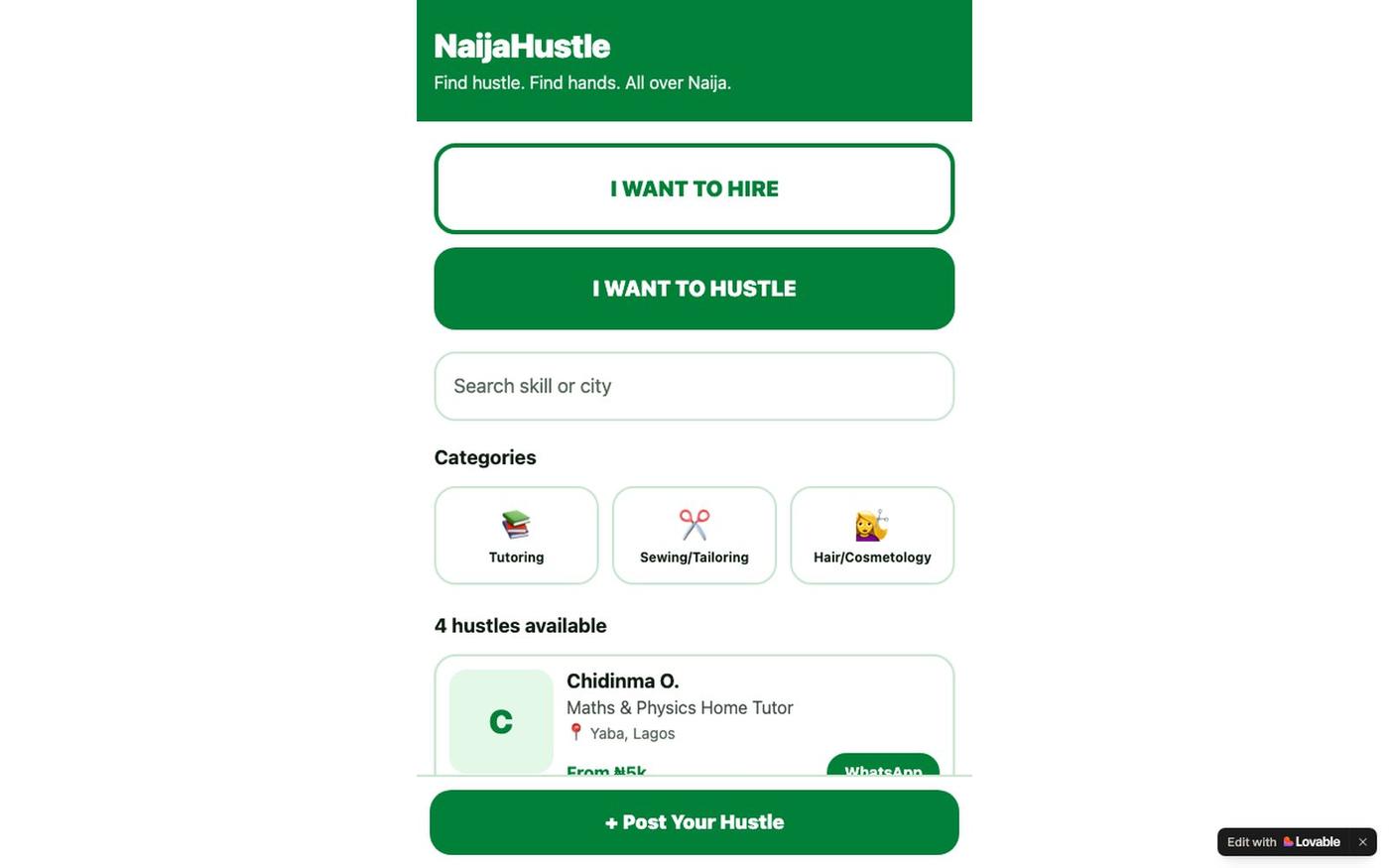NaijaHustle — Find Side Hustles & Skilled Hands in Nigeria — screenshot