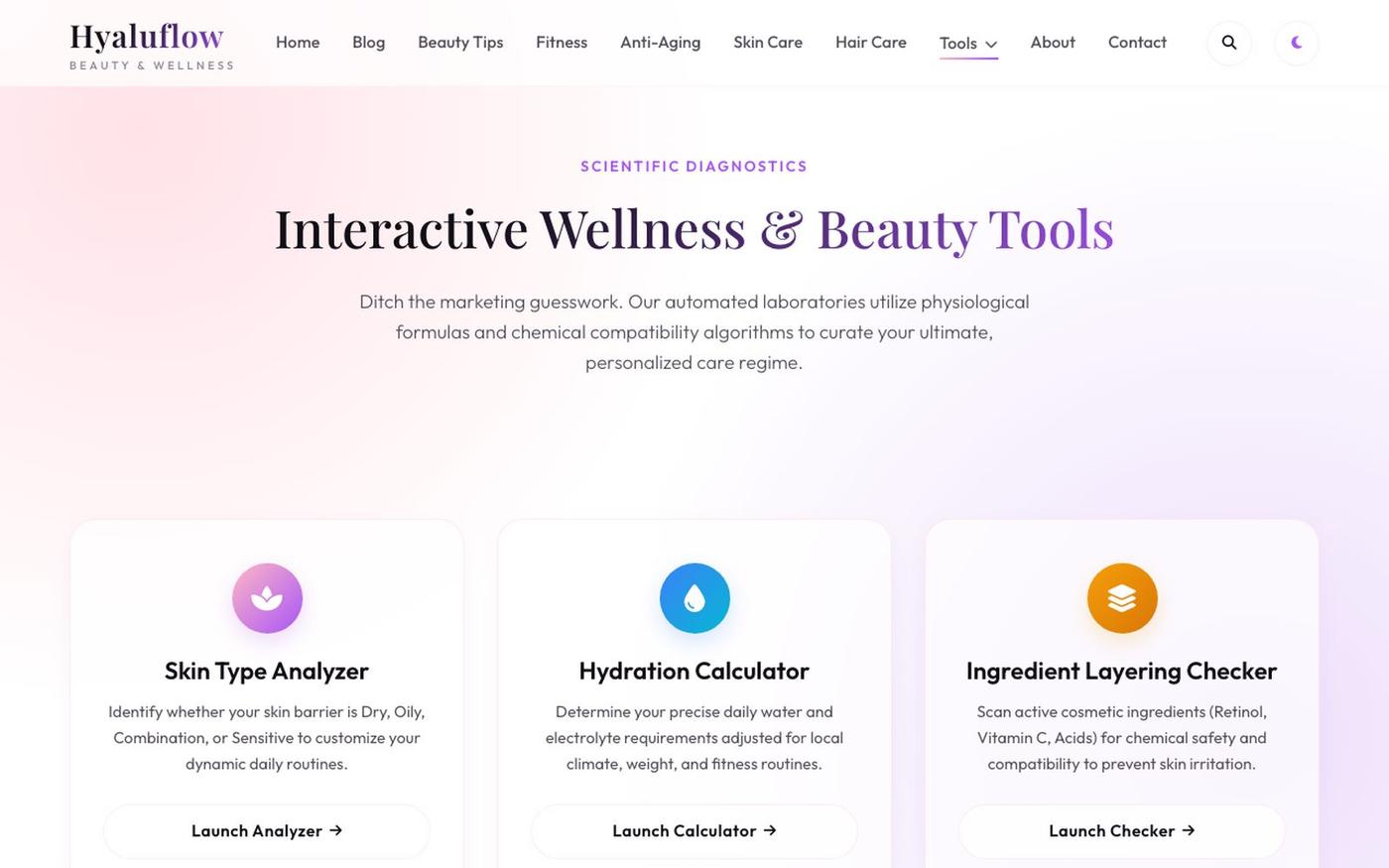 Science-Backed Beauty & Wellness Tools Hub | Hyaluflow — screenshot