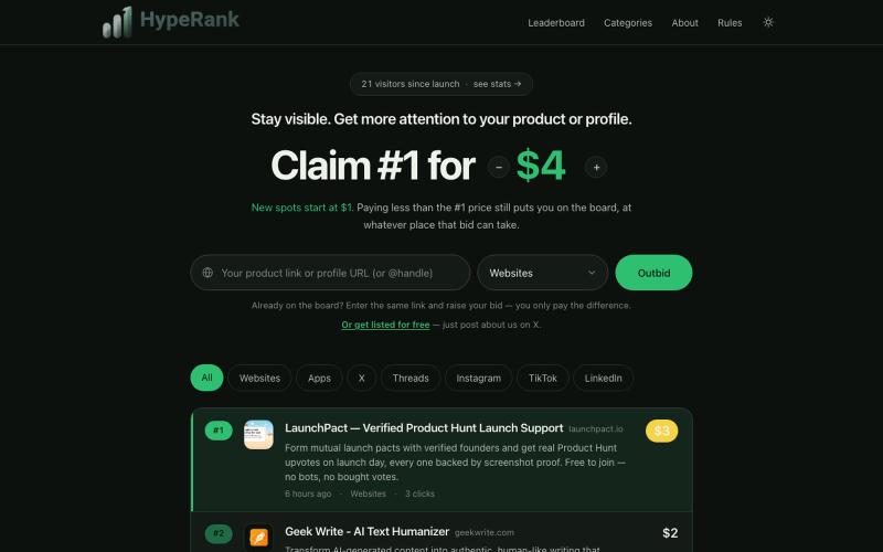 HypeRank — the board where the bid is the rank — screenshot