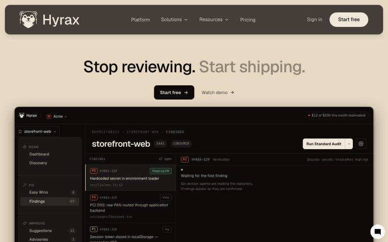 Hyrax | The independent review layer for AI coding — screenshot