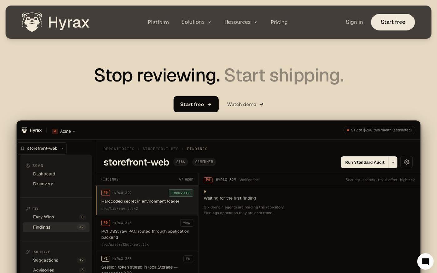 Hyrax | The independent review layer for AI coding — screenshot