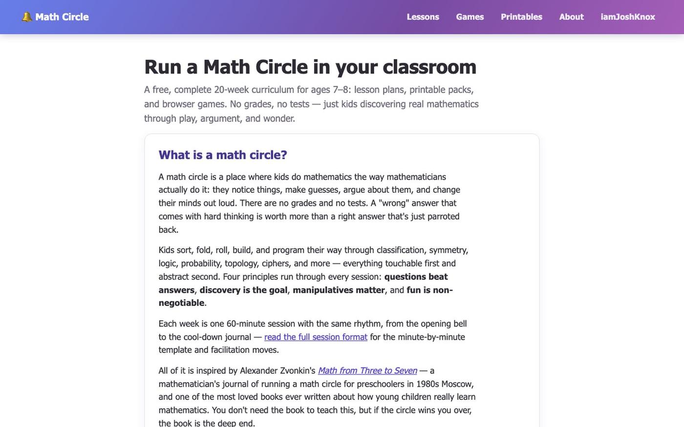 Math Circle — a free 20-week curriculum for curious kids — screenshot