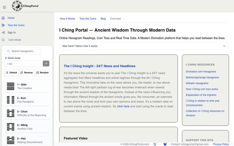 I Ching Portal — Online Hexagram Readings, Coin Toss & Real-Time Data — screenshot