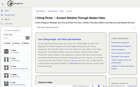 I Ching Portal — Online Hexagram Readings, Coin Toss & Real-Time Data — screenshot