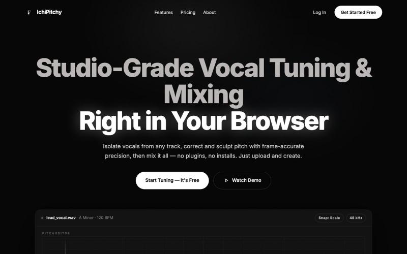 IchiPitchy — Free Online Vocal Tuning & Mixing Studio — screenshot