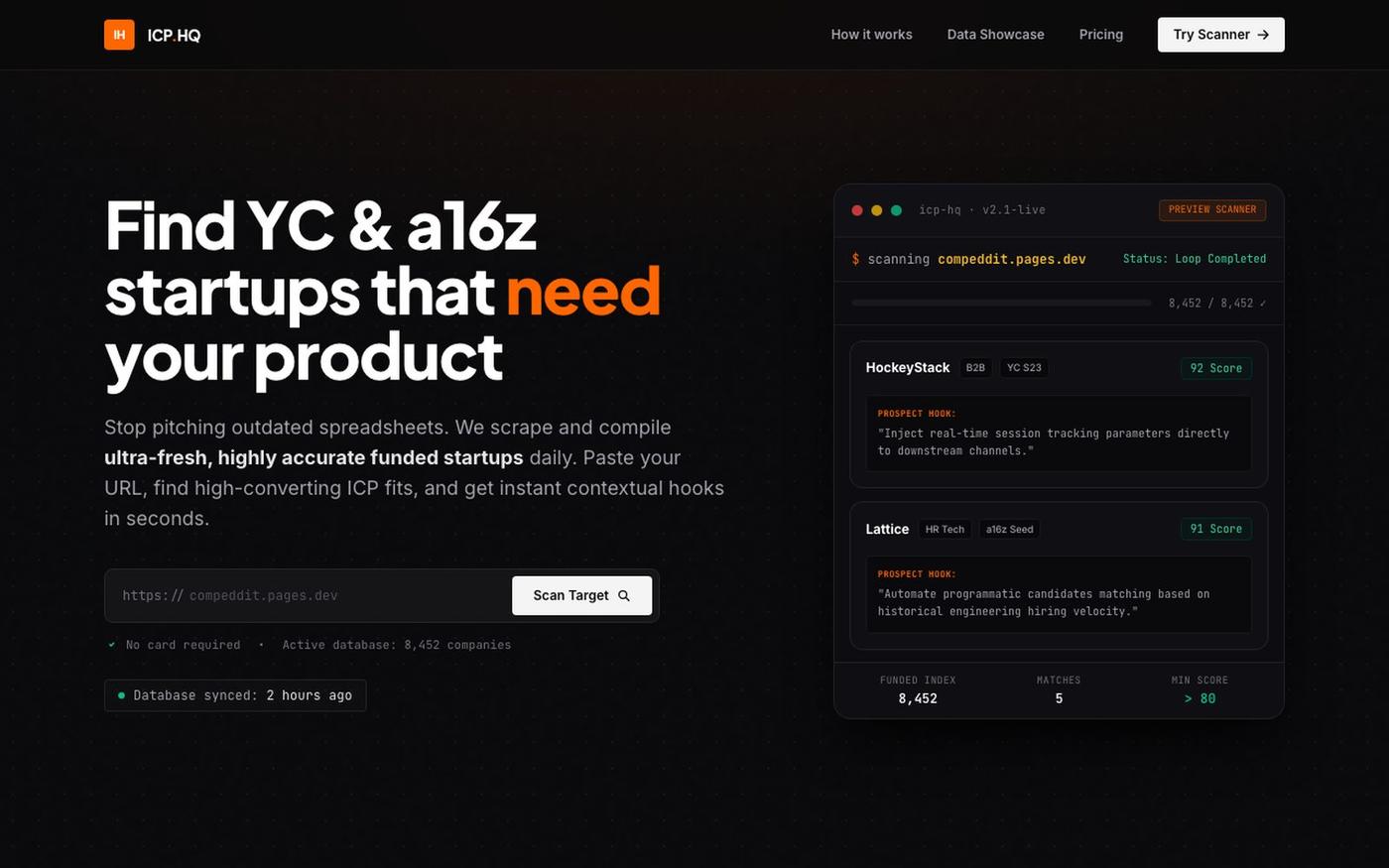 ICP.HQ — Find high-quality, ultra-fresh YC & a16z funded leads — screenshot