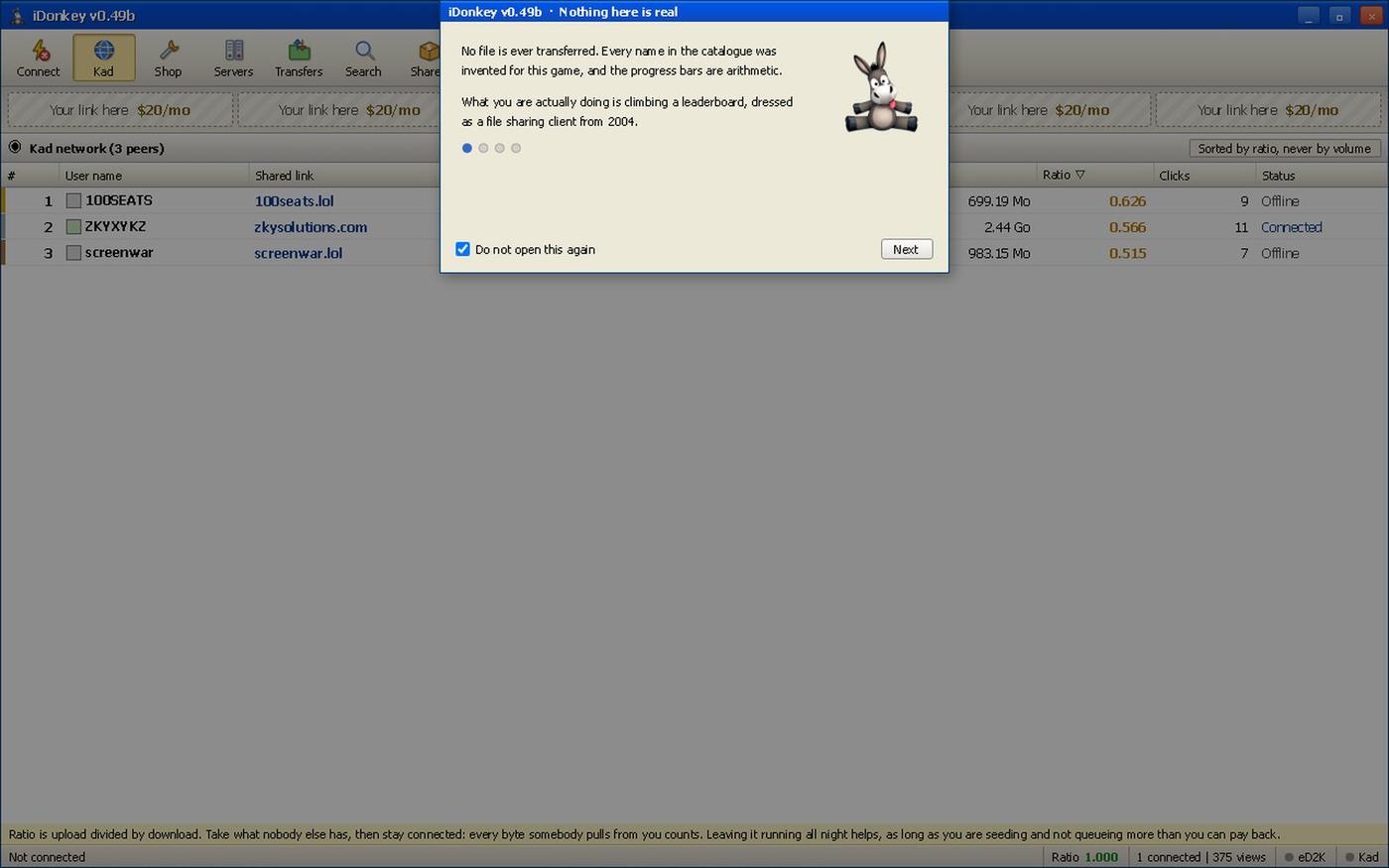 iDonkey v0.49b. Seed fake files, rank real links. — screenshot