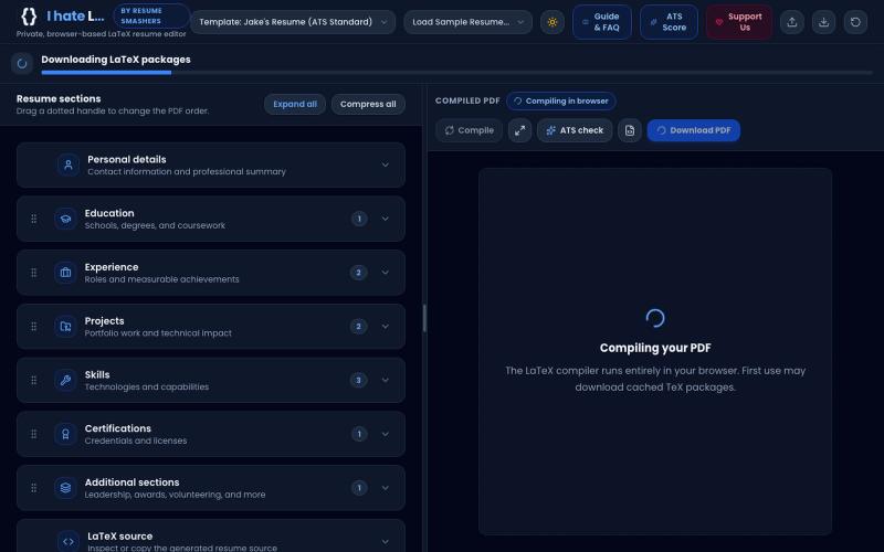 IhateLaTeX - Free Offline LaTeX Resume & CV Builder | In-Browser WebAssembly ATS — screenshot