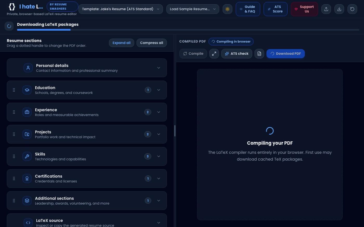 IhateLaTeX - Free Offline LaTeX Resume & CV Builder | In-Browser WebAssembly ATS — screenshot