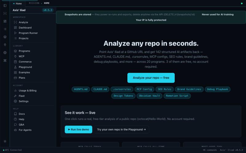 Axis Iliad — AI Codebase Analyzer & MCP Tools | Generate AGENTS.md, CLAUDE.md &  — screenshot