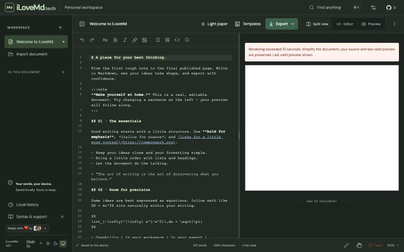 iLoveMd.tech — Markdown editor, preview, annotations and export — screenshot