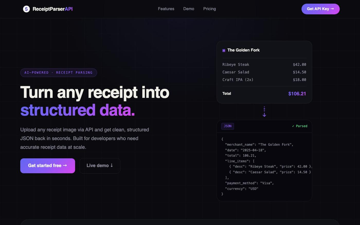 ReceiptParser API — Turn Any Receipt Into Structured Data — screenshot